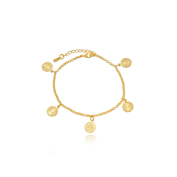 PULSEIRA SÃO BENTO COM PINGENTES PENDURADOS EM BANHO DE OURO 18K