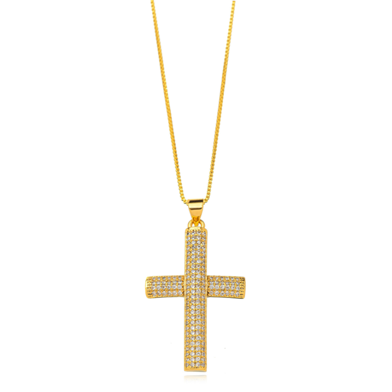 COLAR FEMININO CRUZ CRAVEJADA - BANHO DE OURO 18K