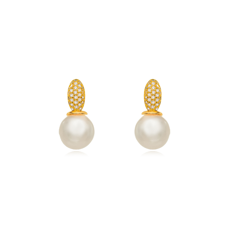 BRINCO GOTA DE PÉROLA COM PINO CRAVEJADO  BANHO DE OURO 18K