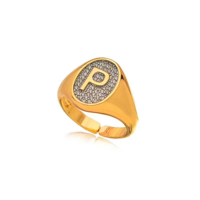 ANEL SINETE INICIAL P PAVÊ EM BANHO DE OURO 18K