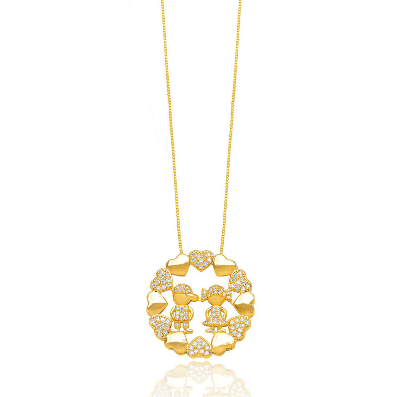COLAR VENEZIANA COM MANDALA CASAL FILHOS E CORAÇÕES -  BANHO DE OURO 18K