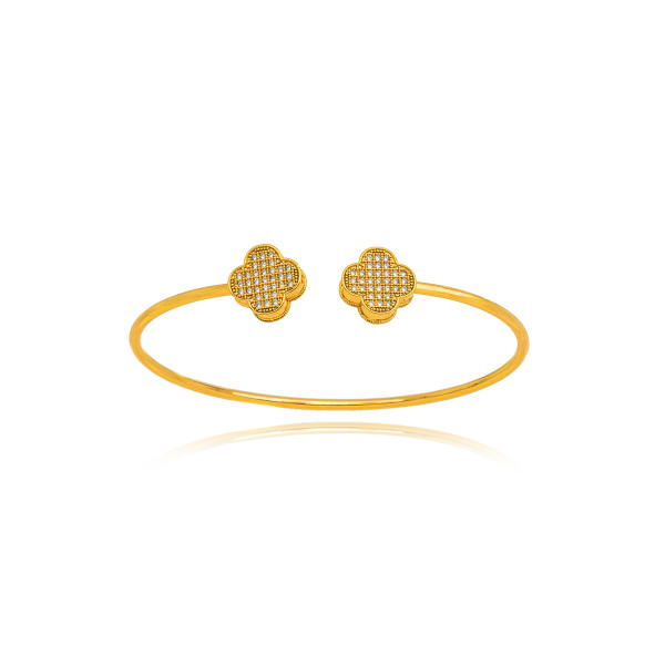 PULSEIRA BRACELETE RÍGIDO TREVO CRAVEJADO EM BANHO DE OURO 18K