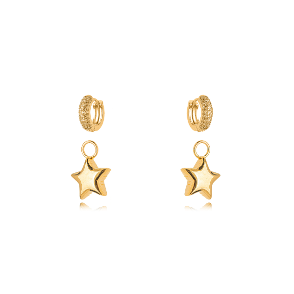 BRINCO ARGOLA ARTICULADA COM PINGENTE ESTRELA E ZIRCÔNIAS EM BANHO DE OURO 18K - 3CM