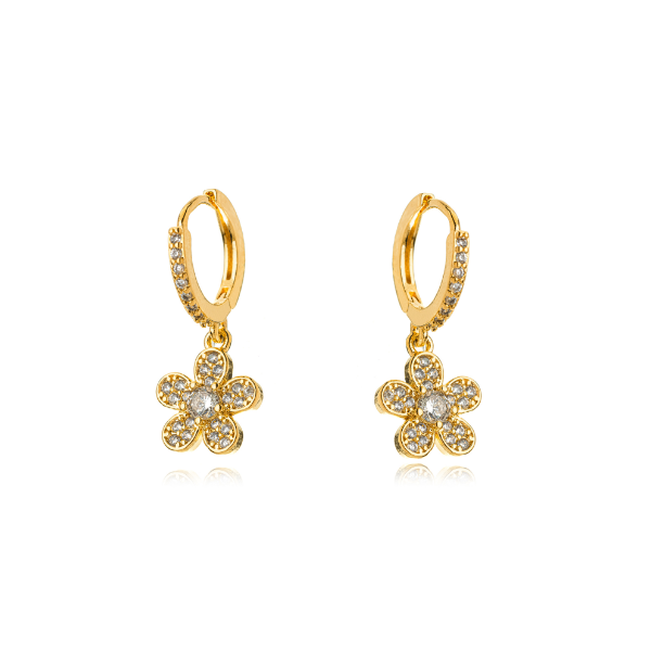 BRINCO ARGOLA CLICK COM PINGENTE FLOR CRAVEJADA EM BANHO DE OURO 18K