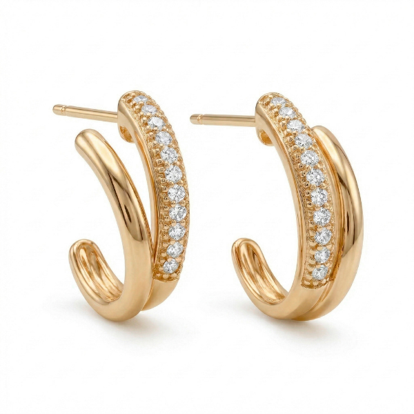 BRINCO MEIA ARGOLA DUPLA COM FIADA CRAVEJADA EM BANHO DE OURO 18K
