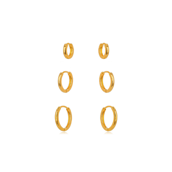 BRINCO TRIO DE ARGOLAS CLICK LISAS EM BANHO DE OURO 18K