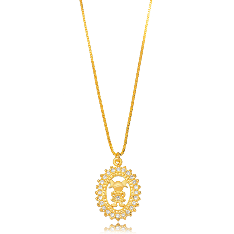 COLAR MEDALHA FILHA CRAVEJADA  BANHO EM OURO 18K