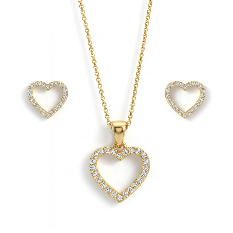 CONJUNTO COLAR E BRINCOS CORAÇÃO VAZADO CRAVEJADO -  BANHO DE OURO 18K