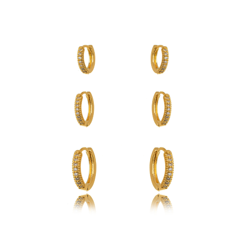 BRINCO TRIO DE ARGOLAS CLICK SLIM CRAVEJADAS BANHO OURO 18K