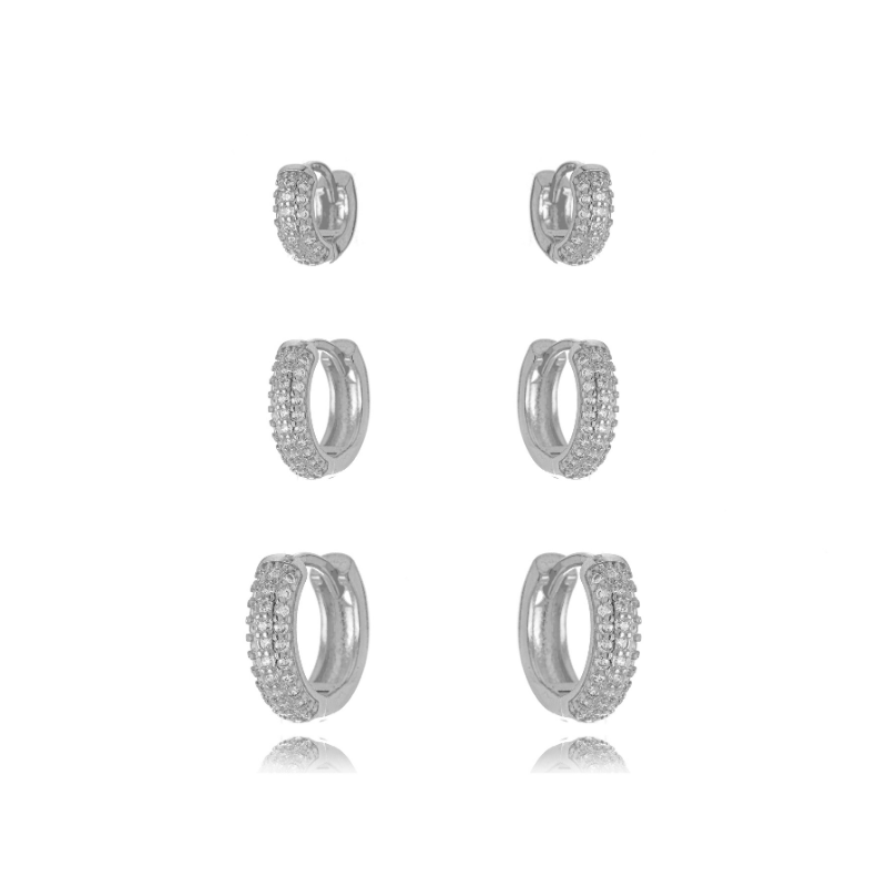 BRINCO TRIO DE ARGOLAS CLICK PAVÊ EM RÓDIO BRANCO