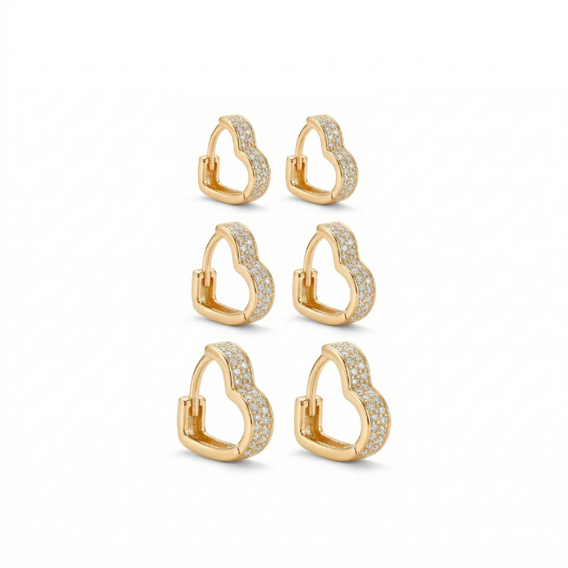 BRINCO TRIO DE ARGOLAS CLICK CORAÇÃO CRAVEJADAS BANHO OURO 18K