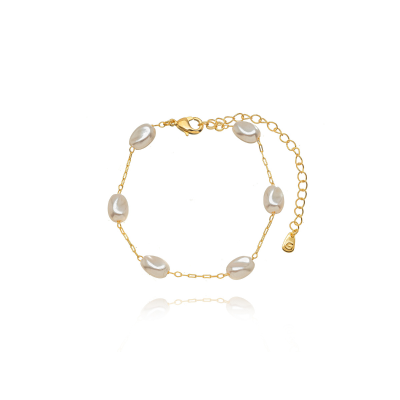 PULSEIRA DE ELOS COM PÉROLAS IRREGULARES EM  BANHO DE OURO 18K