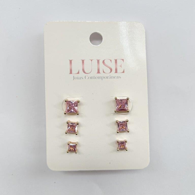 Brinco Trio Zirconia Quadrada Ouro