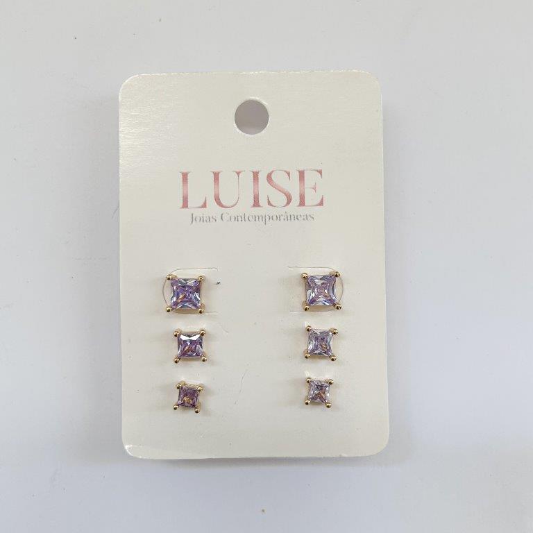 Brinco Trio Zirconia Quadrada Ouro