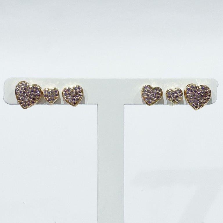 Brinco Trio Coração Cravejado Lilas