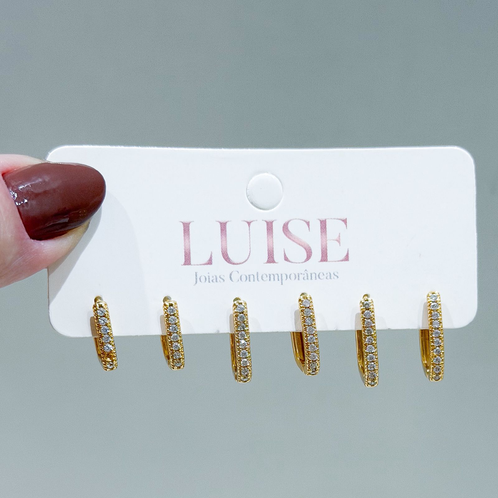 Brinco Trio Quadrado Cravejado Ouro