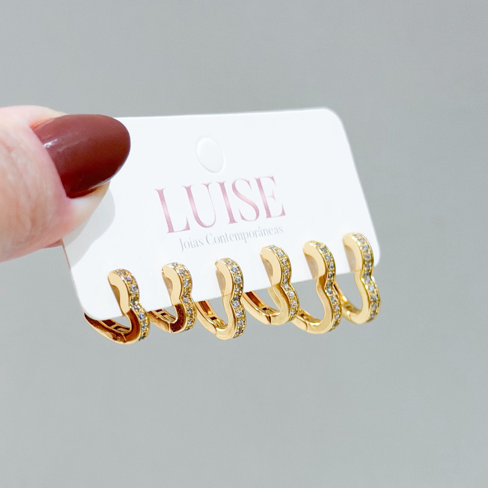 Brinco Trio Coração Cravejado Ouro