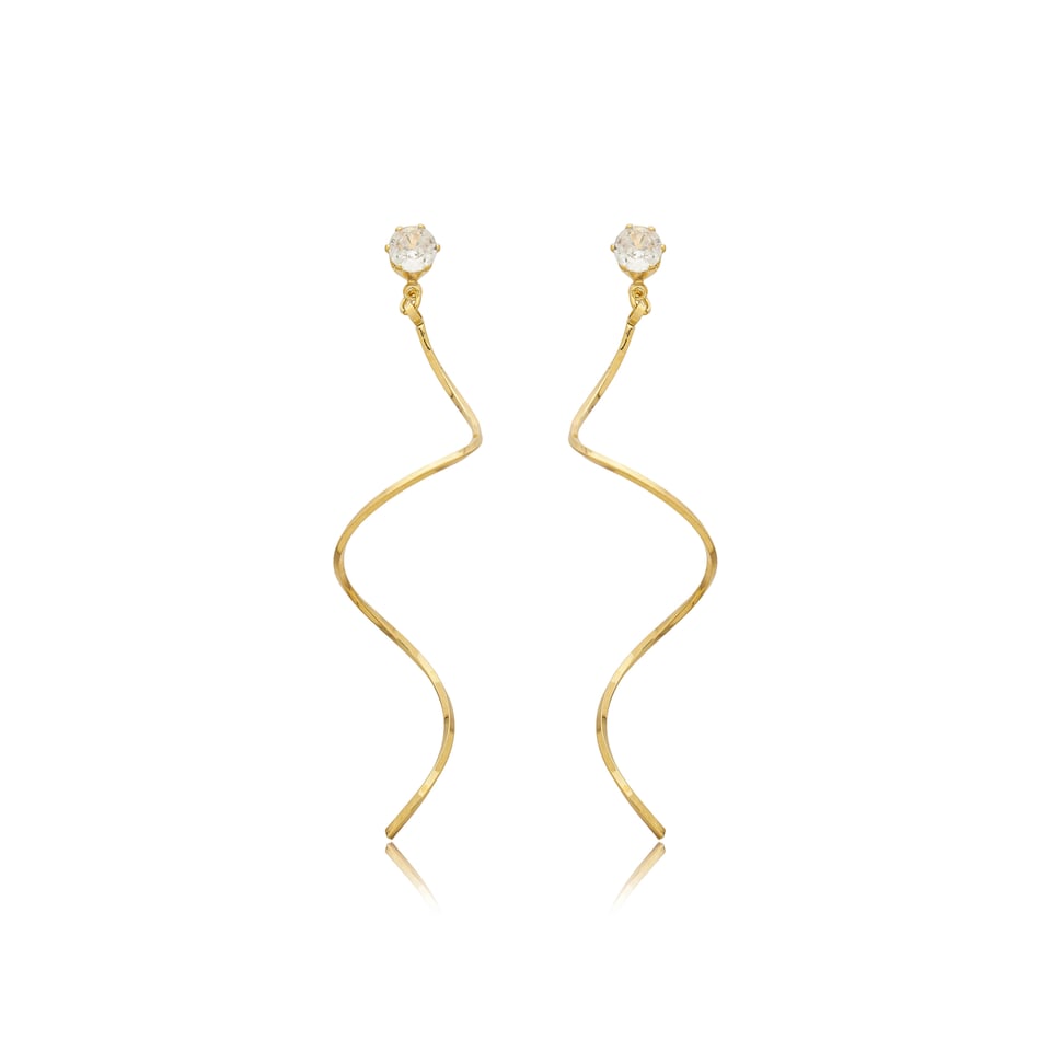 Brinco Longo Ondulado com Zircônia – Banhado a Ouro 18K