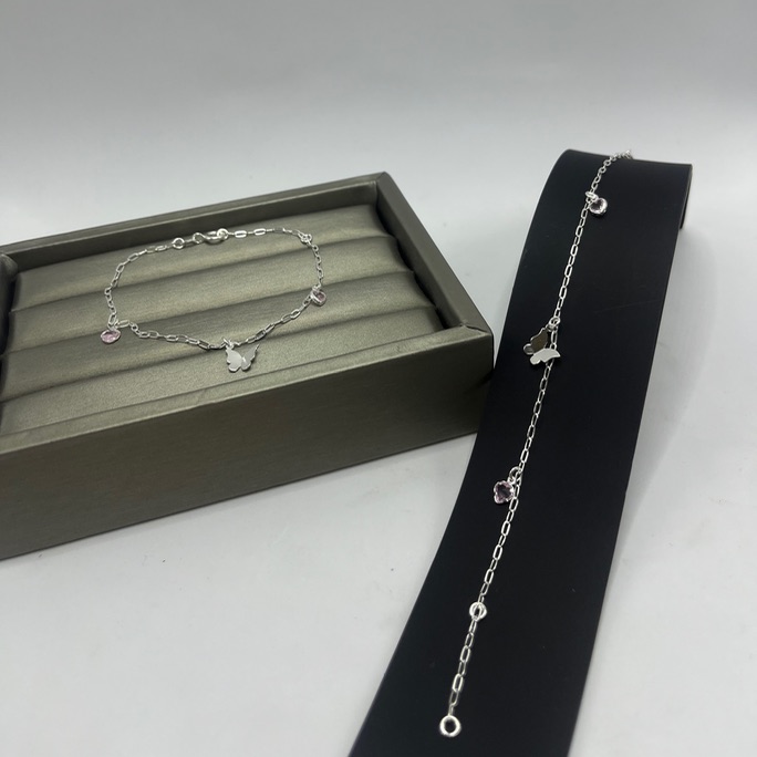 Pulseira borboleta com cristal rosa