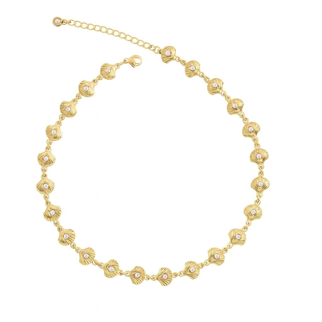 Choker Conchas com Pérolas 35cm + 5cm Banhado a Ouro 18k