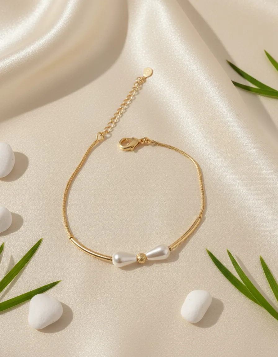 Pulseira Dourada Laço de Pérola 17cm + 5cm Banhado a Ouro 18k