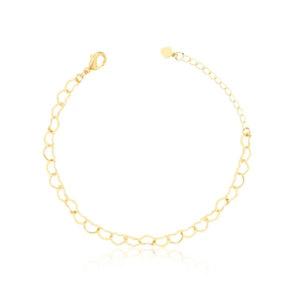 Pulseira Infantil Elos Corações 12cm com 5cm Extensor Banhado a Ouro 18k