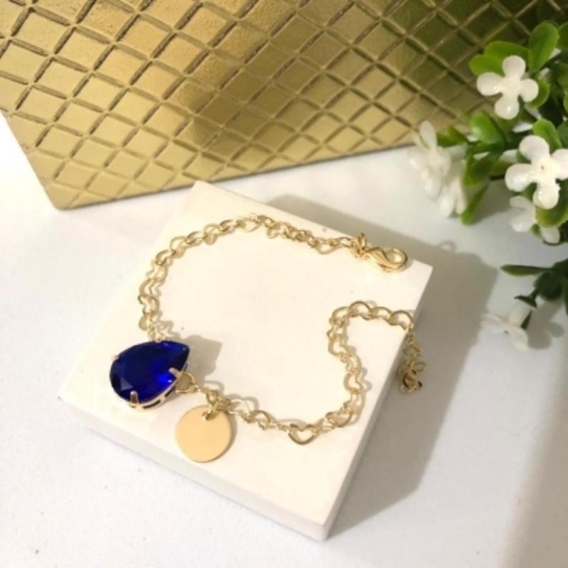 Pulseira Elos Coração com Pingente Gota Azul e Plaquinha 18cm Banhada a Ouro 18k