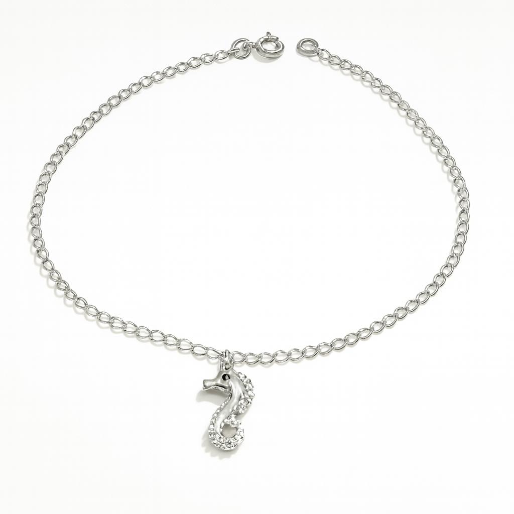 Tornozeleira com Pingente Cavalo Marinho 24cm Banhada a Ródio Branco
