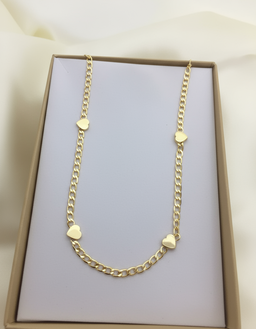 Choker Corrente Grumet com 5 Corações Liso 30cm + 10cm Extensor Banhado a Ouro 18k