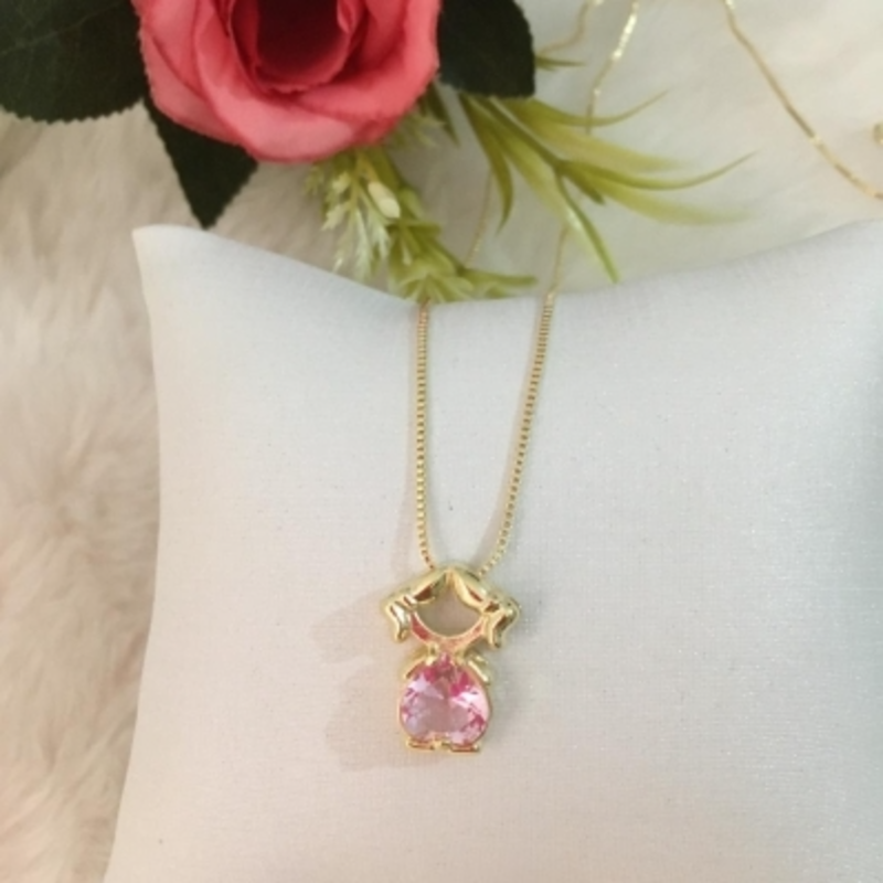 Colar Menina Coração Rosa 45cm Banhado a Ouro 18k