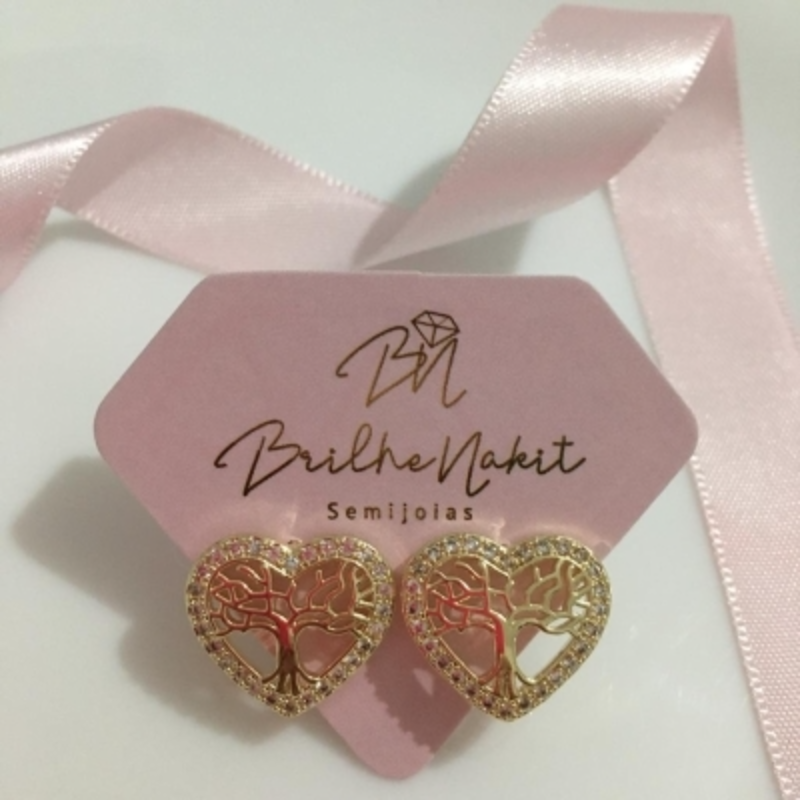 Brinco Coração Cravejado com Árvore da Vida Banhado a Ouro 18k