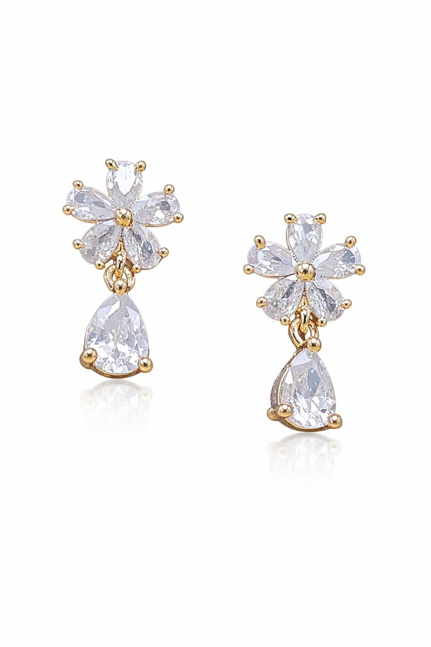 Brinco Flor em Cristais com Gota de Zirconia Banhado a Ouro 18k