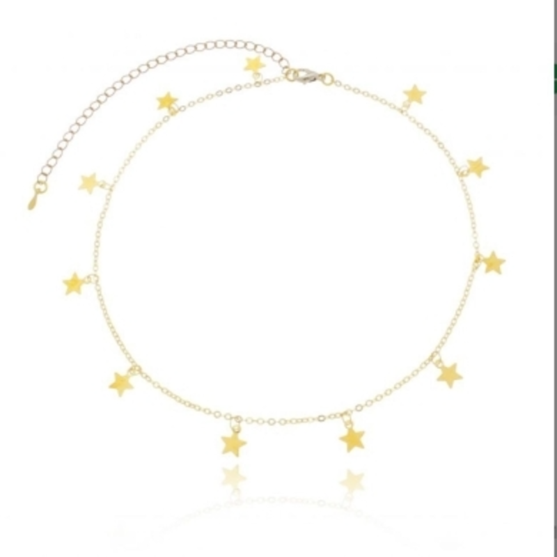 Choker Corrente Americana com Pingentes Estrela 30cm + 10cm Extensor Banhado a Ouro 18k