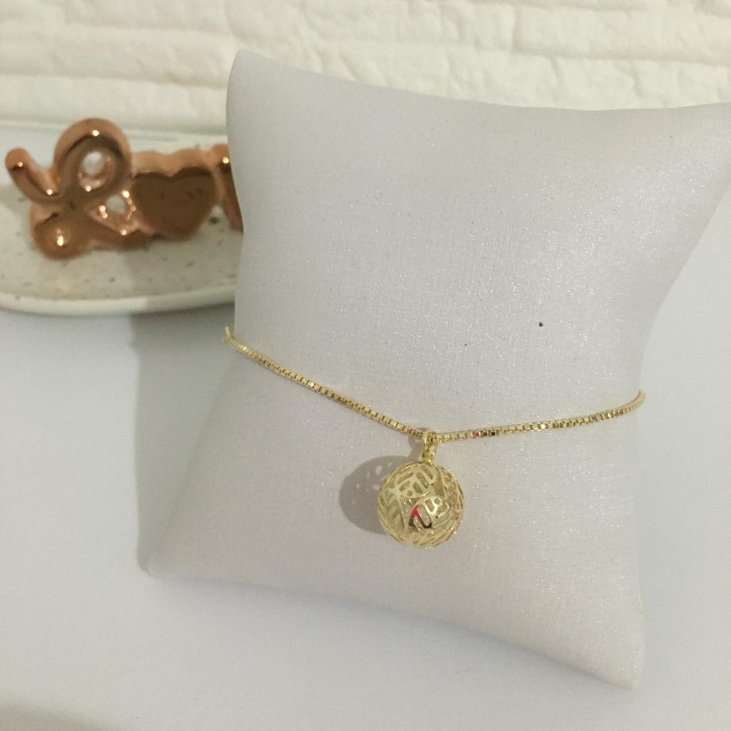 Pulseira Veneziana com Bola 10mm Vazada e Um Cristal Dentro 17cm+5cm Banhada a Ouro 18k