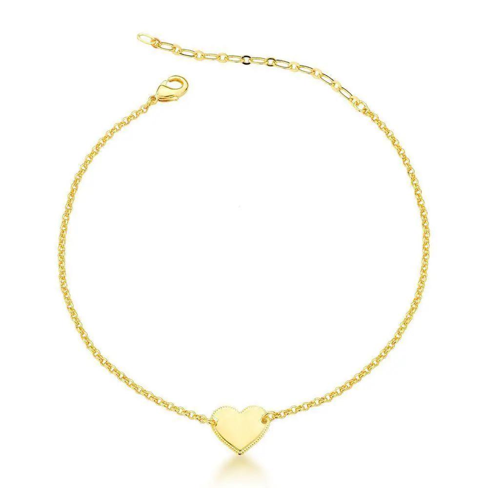 Tornozeleira Coração 20cm + 5cm Extensor Banhado a Ouro 18k