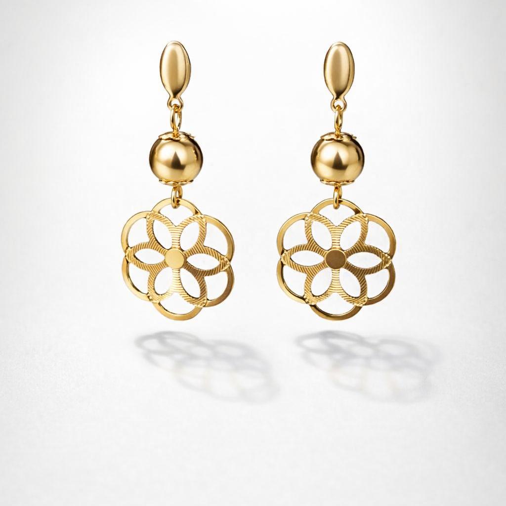 Brinco Bola Lisa com Pingente Flor Banhado a Ouro 18k