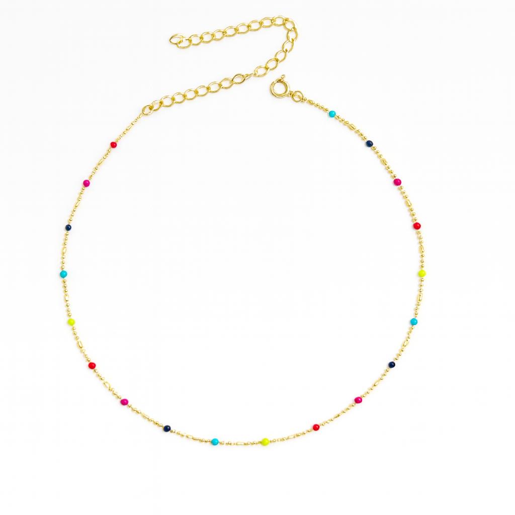 Choker Microbolinhas Coloridas 30cm + 10cm Extensor Banhada a Ouro 18k