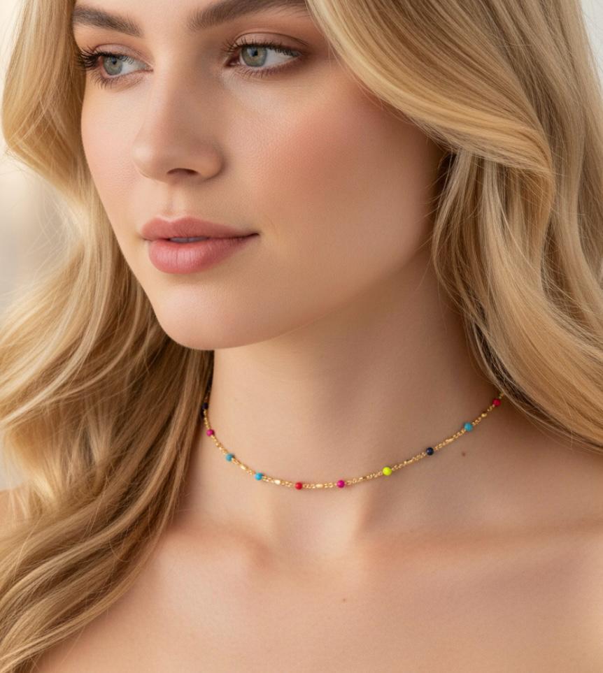 Choker Microbolinhas Coloridas 30cm + 10cm Extensor Banhada a Ouro 18k