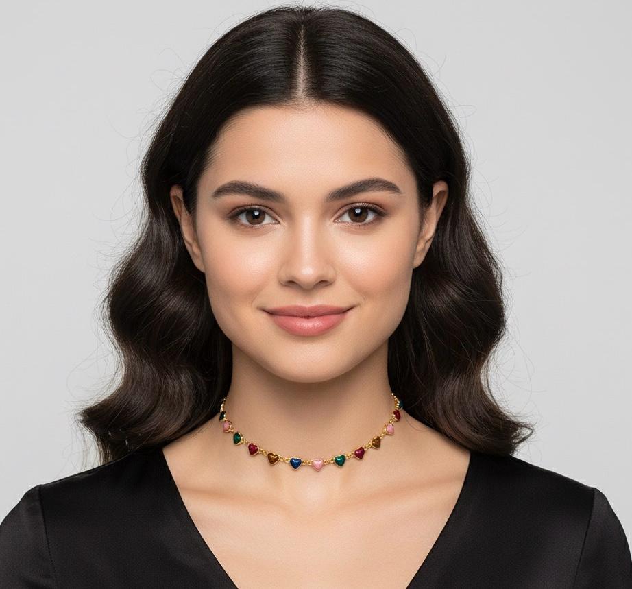 Choker Elos Coração com Pedras Coração Coloridas 33cm + 10cm Extensor Banhada a Ouro 18k