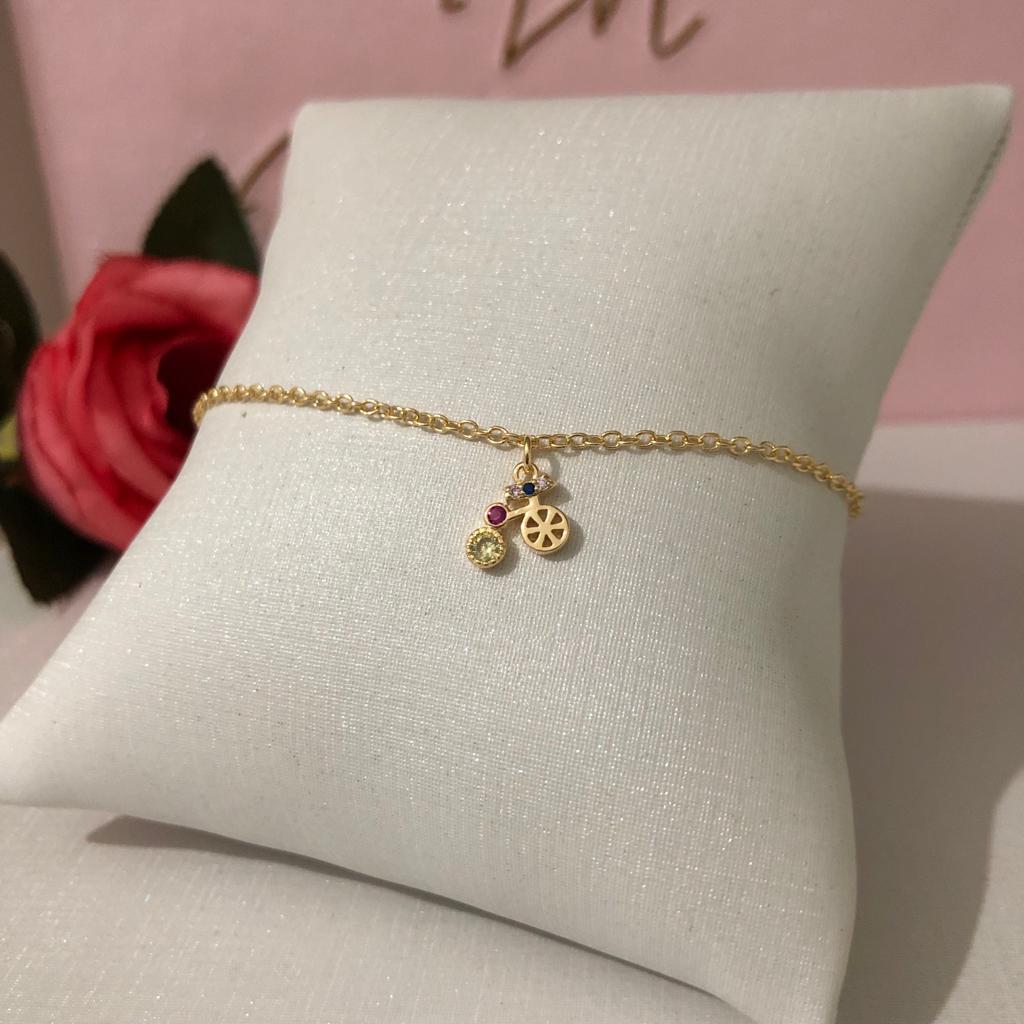 Pulseira Infantil com Pingente Bicicleta com Pedrinhas Banhado a Ouro 18k
