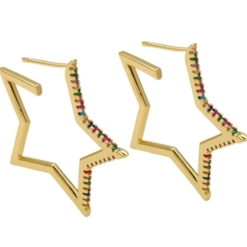 Brinco Estrela Cravejada em Zircônias Color Banhado a Ouro 18k