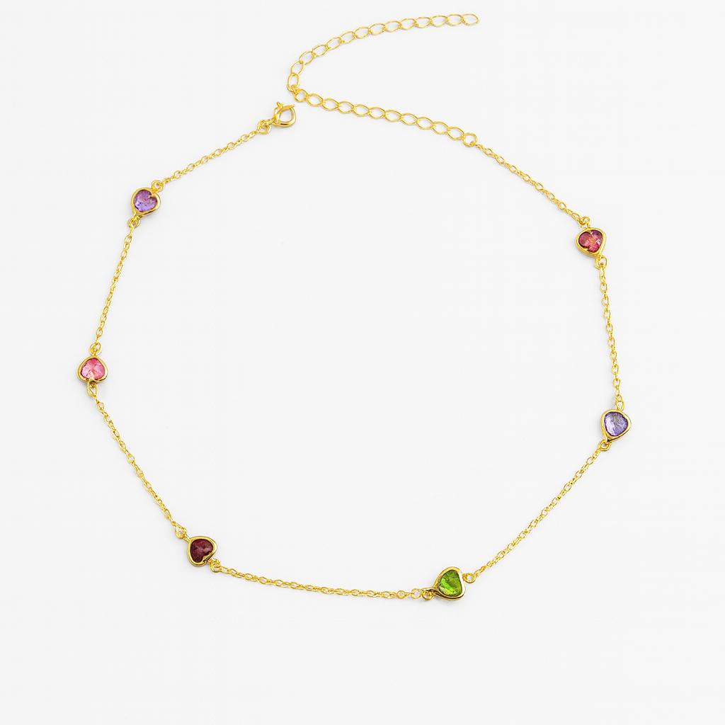 Choker com Corações em Cristal Color 33cm + 10 cm Extensor Banhado a Ouro 18k