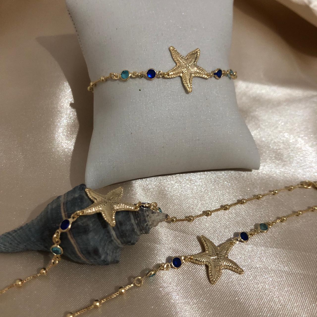 Tornozeleira Estrela do Mar com Cristais Color 27cm + 5cm Banhado a Ouro 18k