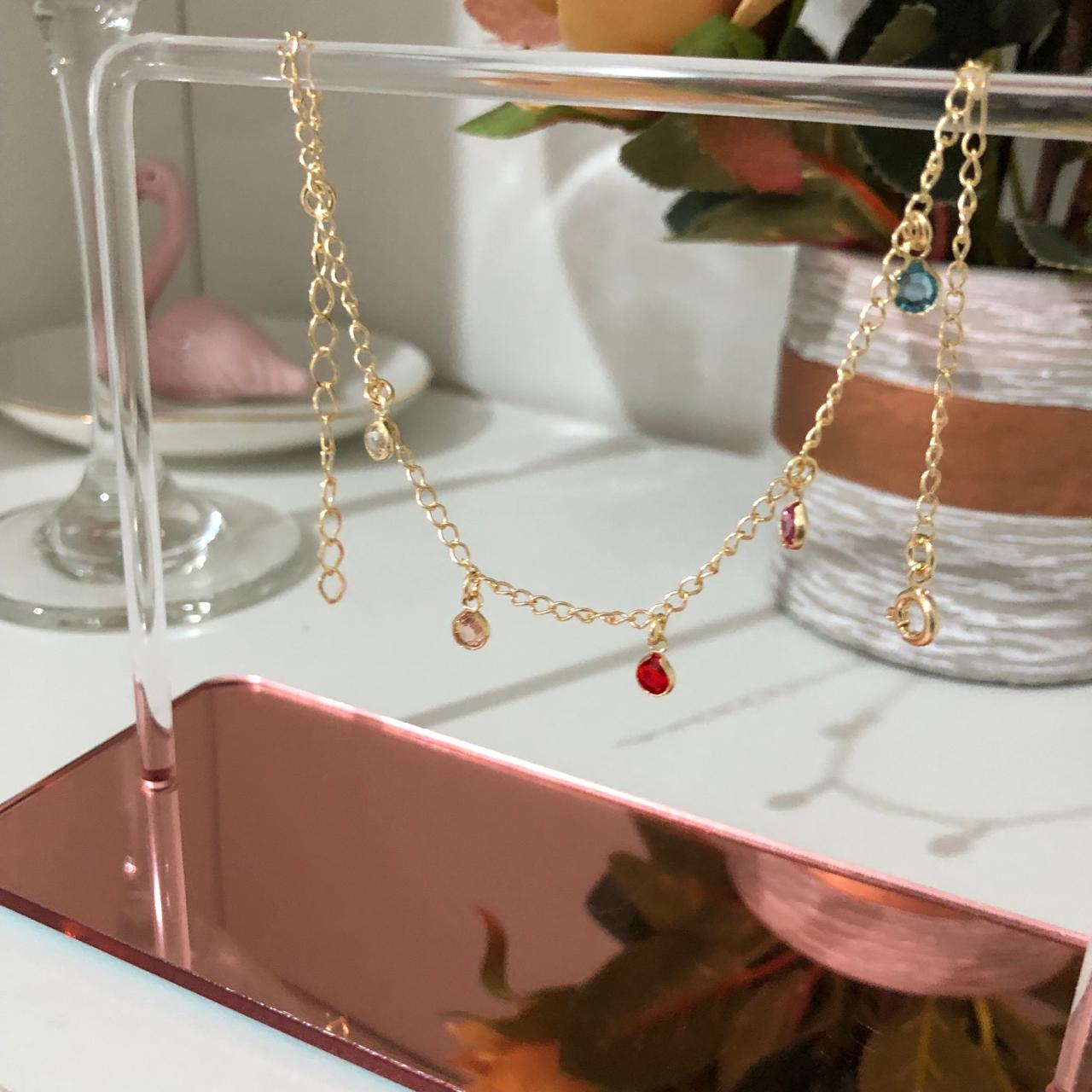 Tornozeleira com Cristais Coloridos 22cm + 5cm Extensor Banhado a Ouro 18k