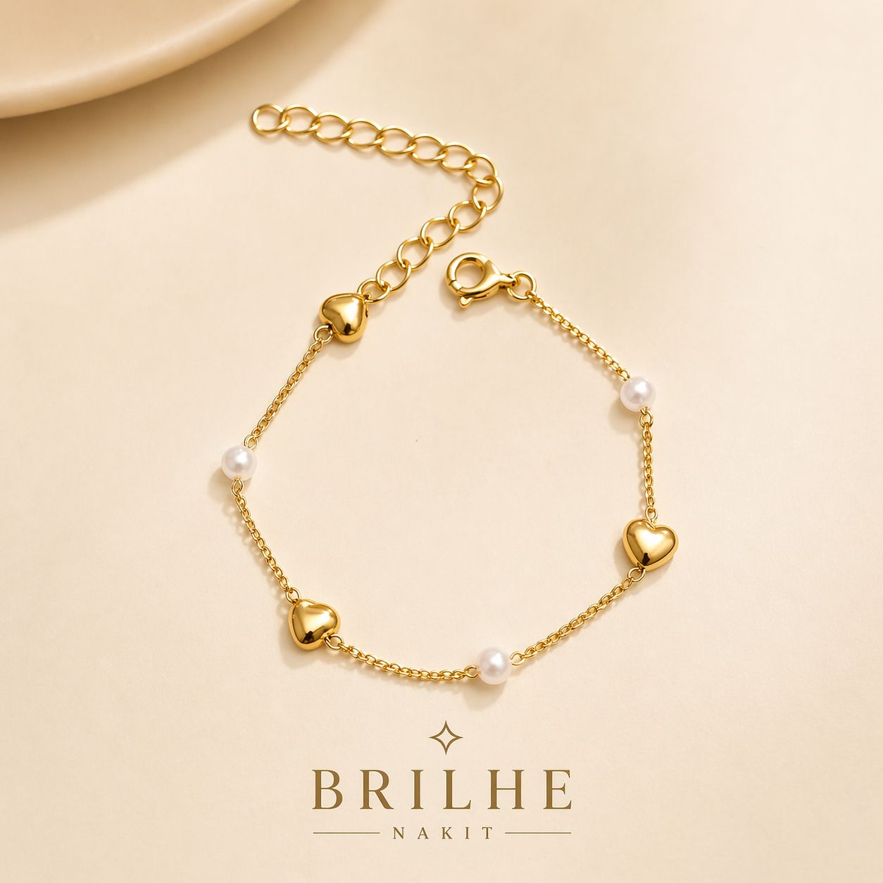 Pulseira Pérola e Coração Cheio 15cm + 5cm Extensor Banhado a Ouro 18k