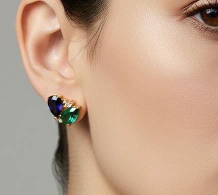 Brinco Ear Cuff Festa Luxo Cristal Verde Turmalina e Ametista Banhado a Ouro 18k