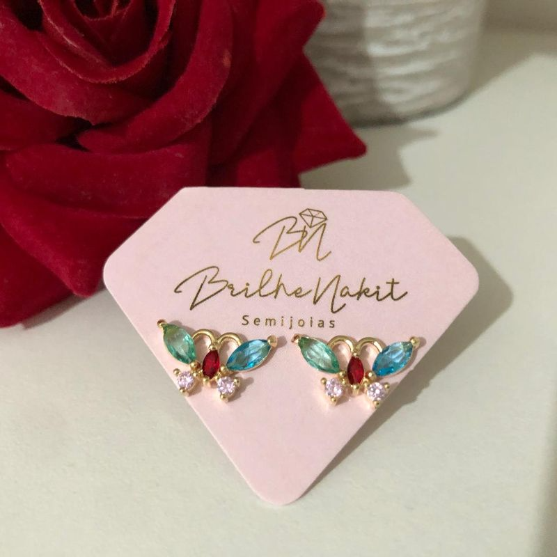 Brinco Borboleta com Cristais Color Banhado a Ouro 18k