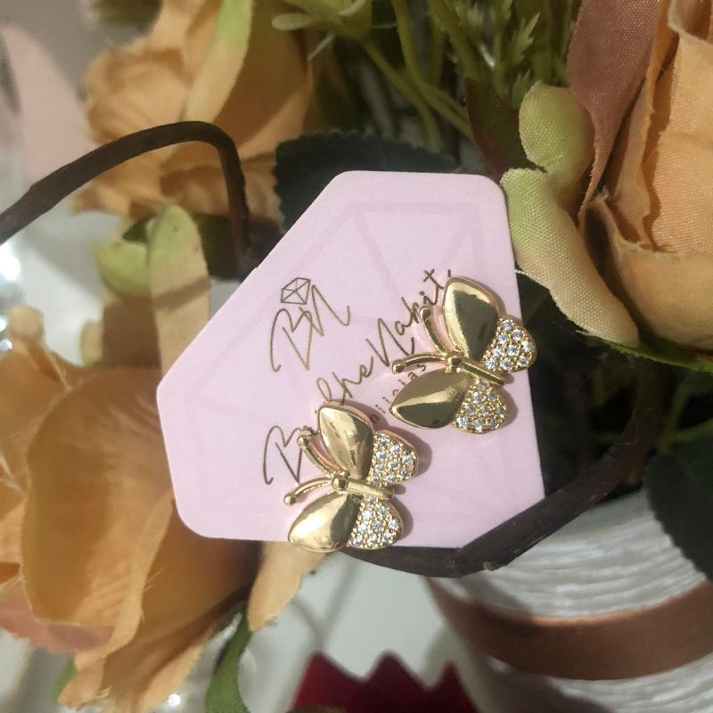 Brinco Borboleta com Duas Asas Cravejadas G Banhado a Ouro 18k