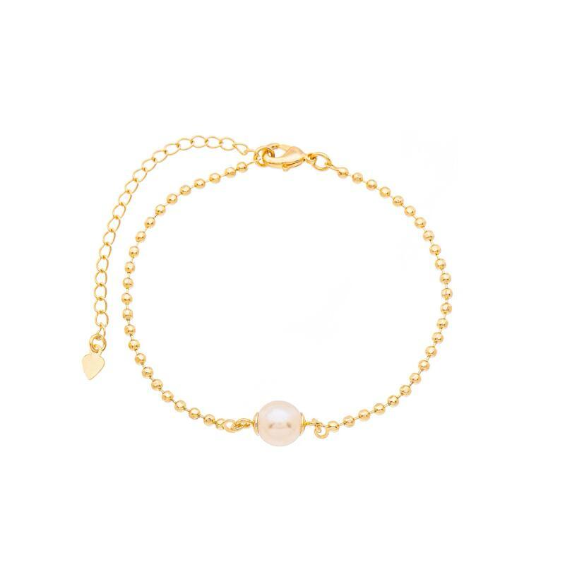 Pulseira Corrente Bolinha com Pérola Solitária 16cm + 5cm Banhada a Ouro 18k