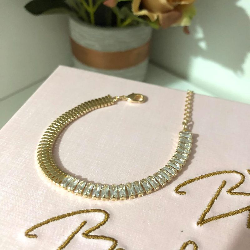 Pulseira Linha Festa com Detalhes Riviera 14cm + 5cm Banhado a Ouro 18k